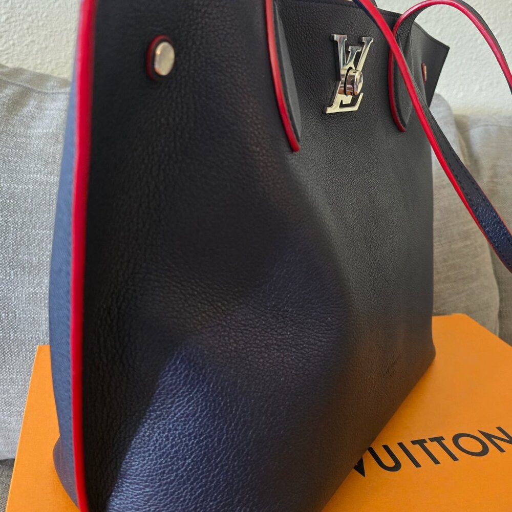 Louis Vuitton Navy Blue Leather Tote with Red Piping & Silver Hardware - Picture 3 of 16